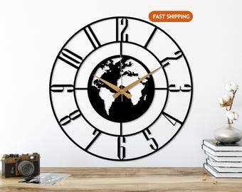 Large Metal World Map Wall Clock, Modern Wall Clock, Office Silent Clock, Gift for Traveler, World Map Clock, Unique Home Decor, Clock Art