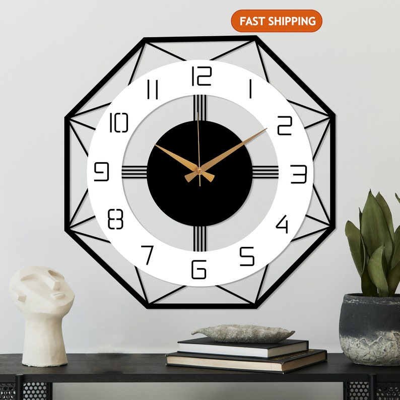 Grande horloge murale moderne, métal avec horloge en bois du milieu du siècle, horloge pour mur, horloge murale de bureau à domicile, horloge unique silencieuse, décor de salon image 1