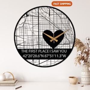 Personalized Metal Wall Clock with Heart, Custom Coordinates Metal Clock, Custom Couple Gift, Valentines Day Gift, Personalized Wedding Gift