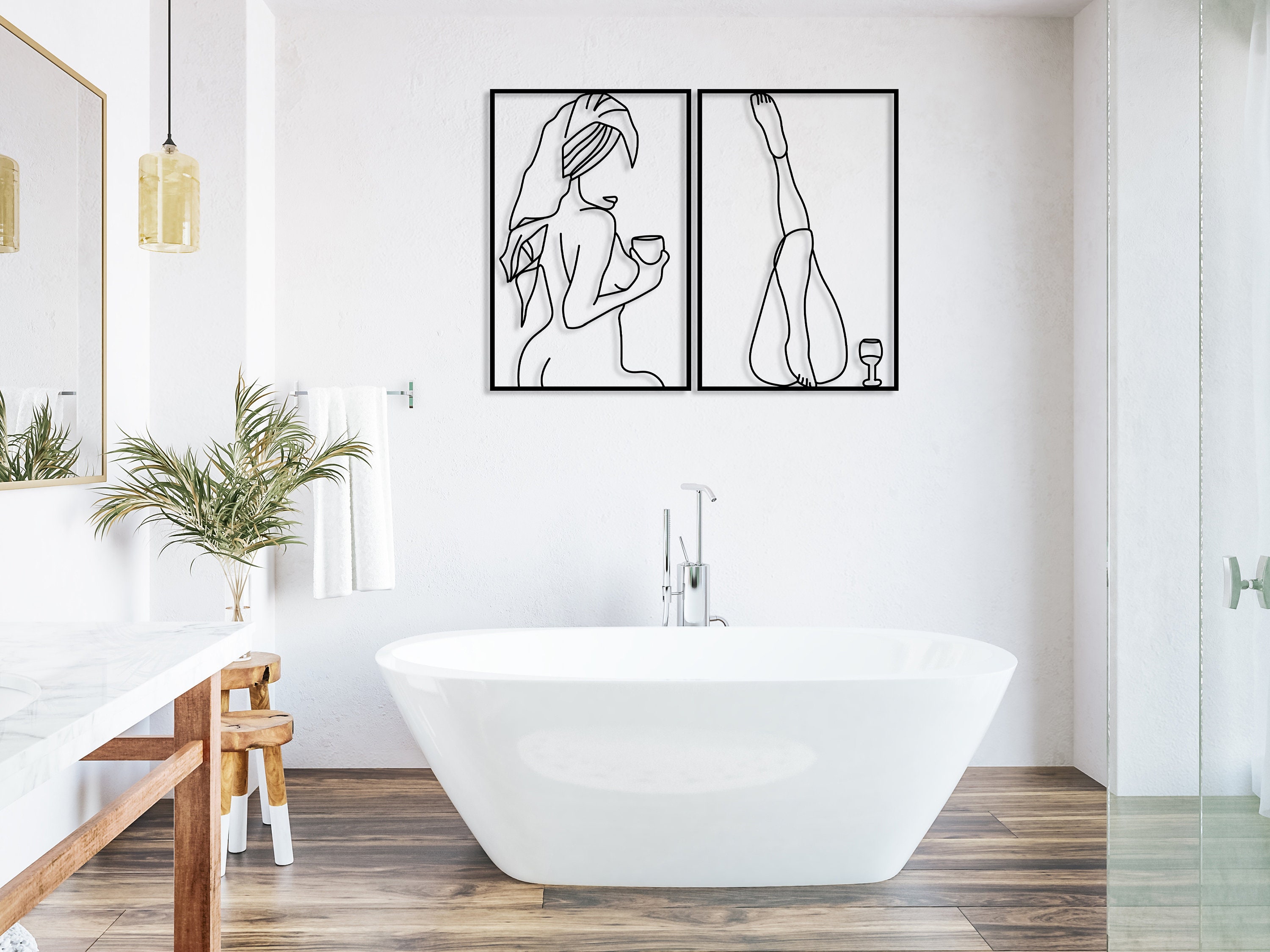 Female Body Nude Metal Wall Art Set of 2, Minimalist Naked Sexy Woman Body Decor, Woman Wine Line Art Gift,Bathroom Wall Art,Above Bed Decor