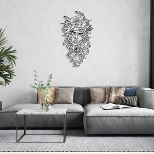 Arte de pared de metal de Medusa, decoración de cabeza de Medusa de la mitología griega, arte de pared mítico, diseño de interiores para sala de estar, arte de pared de gran tamaño, decoración única para el hogar imagen 8