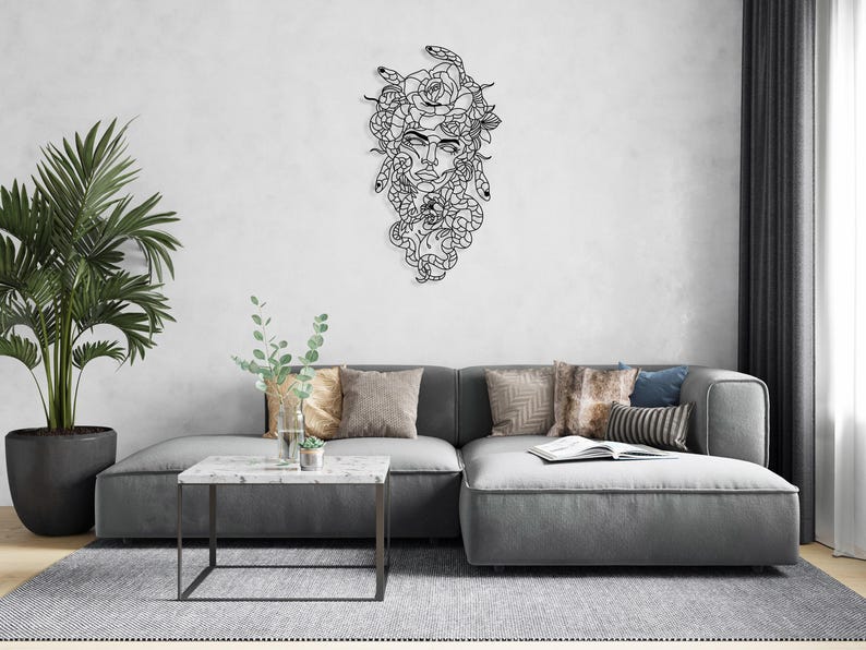 Arte de pared de metal de Medusa, decoración de cabeza de Medusa de la mitología griega, arte de pared mítico, diseño de interiores para sala de estar, arte de pared de gran tamaño, decoración única para el hogar imagen 8