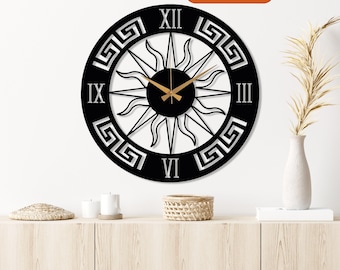Large Sun Metal Wall Clock, Black Minimalist Mid-Century Wall Clock, Modern Design Clock, Unique Home Decor Wall Art, Horloge Murale,Wanduhr