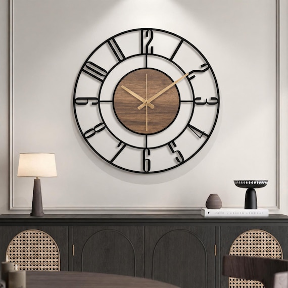 Black Large Wall Clock, Modern Wooden Wall Clock, Mid Century Silent Clock, Retro Wall Clock, Unique Clock for Wall, Metal Wooden Home Clock