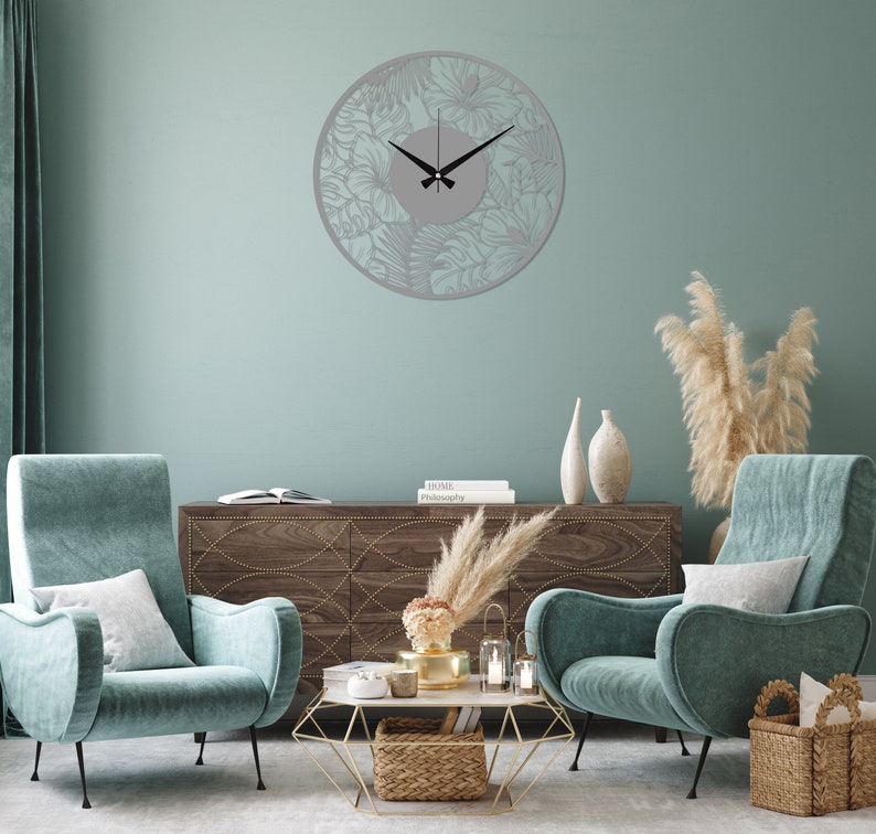 Poppy Flower Metal Wall Clock, Flower Art Design Wall Clock, Modern Minimalist Wall Clock,Silent Cute Wall Clock Gift,Large Livingroom Clock Silver