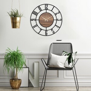 Black Large Wall Clock, Modern Wooden Wall Clock, Mid Century Silent Clock, Retro Wall Clock, Unique Clock for Wall, Metal Wooden Home Clock image 8