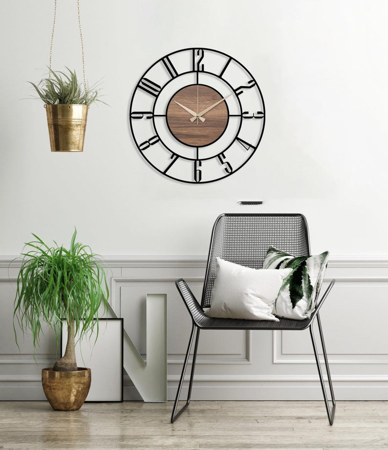 Black Large Wall Clock, Modern Wooden Wall Clock, Mid Century Silent Clock, Retro Wall Clock, Unique Clock for Wall, Metal Wooden Home Clock image 8