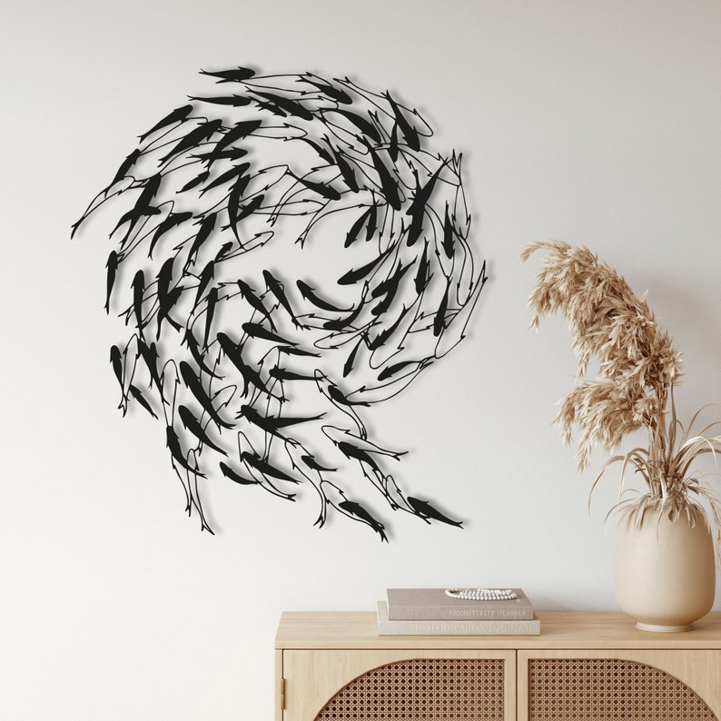 Metal Fish Wall Art, Fish Family Wall Sign, Flock Of Fish Sign, Nautical Wall Art, Marine-Themed Interior Decor, Home Office Decor,Sea Decor Black