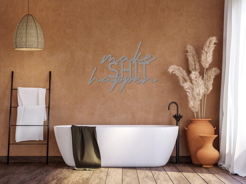 Make Shit Happen Metal Bathroom Wall Art, Funny Bathroom Sign, Restroom Wall Decor, Above Toilet Art, Unique Wall Words, Housewarming Gift Silver