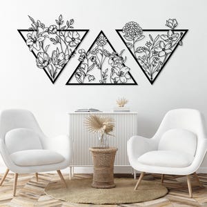 Flower Wall Decor Set of 3, Metal Flowers Wall Hanging Art, Minimalist Boho Home Decor, Floral Living Room Wall Decor, Gift for Housewarming