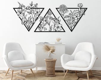 Flower Wall Decor Set of 3, Metal Flowers Wall Hanging Art, Minimalist Boho Home Decor, Floral Living Room Wall Decor, Gift for Housewarming
