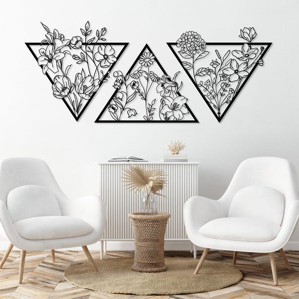 Flower Wall Decor Set of 3, Metal Flowers Wall Hanging Art, Minimalist Boho Home Decor, Floral Living Room Wall Decor, Gift for Housewarming