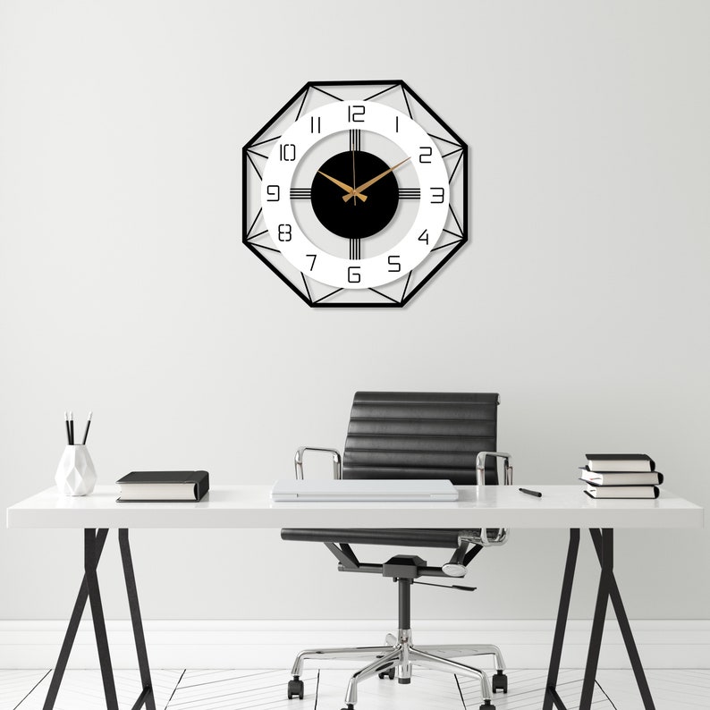 Grande horloge murale moderne, métal avec horloge en bois du milieu du siècle, horloge pour mur, horloge murale de bureau à domicile, horloge unique silencieuse, décor de salon image 4