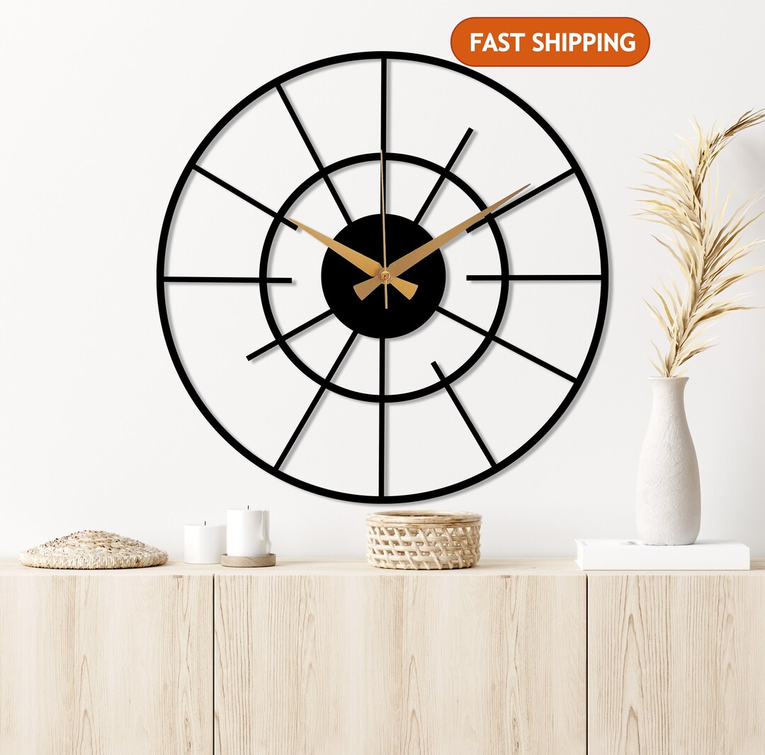 Metal Large Wall Clock, Living Room Clock, Black Minimalist Clock ...