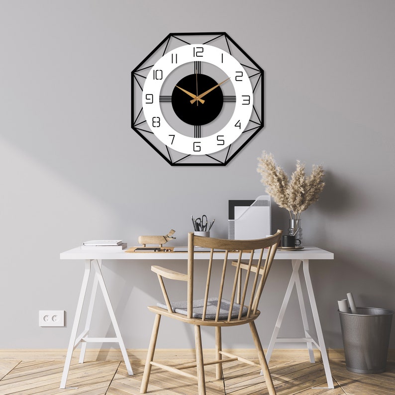 Grande horloge murale moderne, métal avec horloge en bois du milieu du siècle, horloge pour mur, horloge murale de bureau à domicile, horloge unique silencieuse, décor de salon image 2