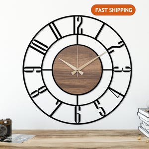 Black Large Wall Clock, Modern Wooden Wall Clock, Mid Century Silent Clock, Retro Wall Clock, Unique Clock for Wall, Metal Wooden Home Clock