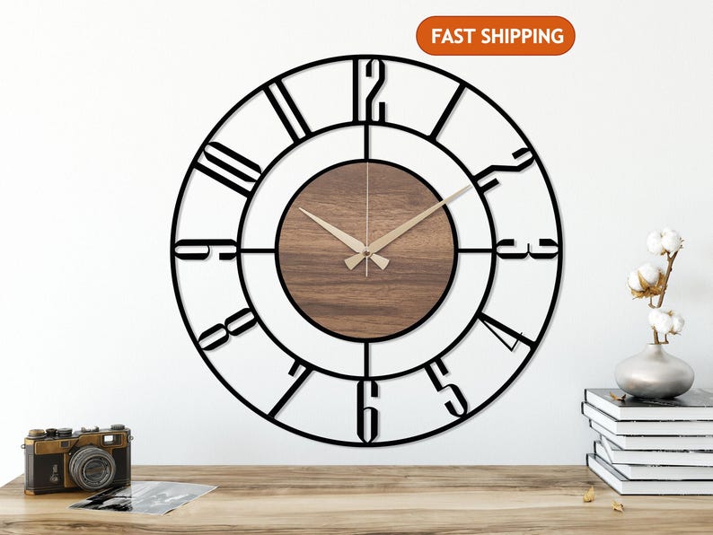 Black Large Wall Clock, Modern Wooden Wall Clock, Mid Century Silent Clock, Retro Wall Clock, Unique Clock for Wall, Metal Wooden Home Clock image 4