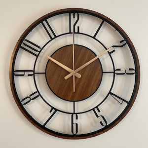 Grote houten metalen wandklok, moderne houten wandklok uit het midden van de eeuw, boerderijklok cadeau, unieke stille klok, moderne metalen houten klok cadeau