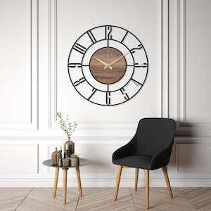 Black Large Wall Clock, Modern Wooden Wall Clock, Mid Century Silent Clock, Retro Wall Clock, Unique Clock for Wall, Metal Wooden Home Clock image 5