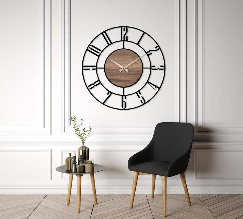 Black Large Wall Clock, Modern Wooden Wall Clock, Mid Century Silent Clock, Retro Wall Clock, Unique Clock for Wall, Metal Wooden Home Clock afbeelding 5