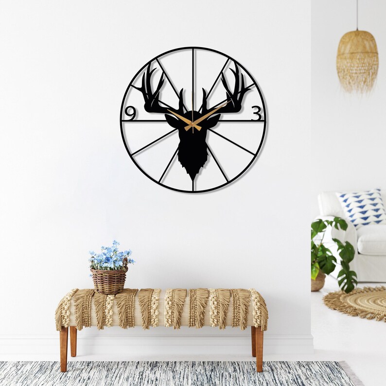 Metal Deer Wall Clock, Deer Head Wall Clock, Farmhouse Wall Clock, Mid-century Oversize Wall Clock, Outdoor Metal Wall Clock, Horloge Murale image 2