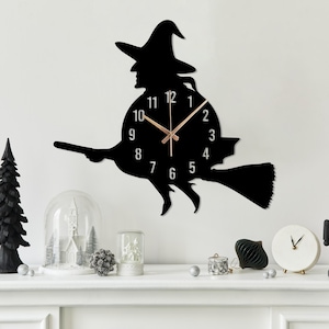 Black Witch Wall Clock, Halloween Flying Witch Home Decor, Halloween Home Decor Gift, Spooky Wall Clock Art for Kitchen, Halloween Clock
