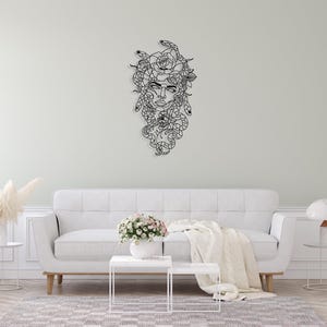 Arte de pared de metal de Medusa, decoración de cabeza de Medusa de la mitología griega, arte de pared mítico, diseño de interiores para sala de estar, arte de pared de gran tamaño, decoración única para el hogar imagen 6