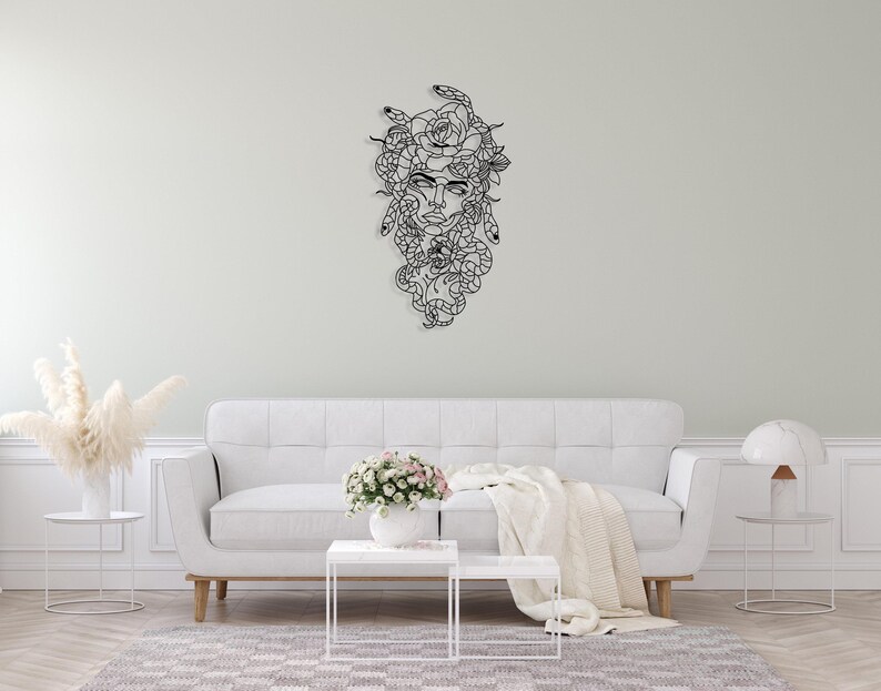 Arte de pared de metal de Medusa, decoración de cabeza de Medusa de la mitología griega, arte de pared mítico, diseño de interiores para sala de estar, arte de pared de gran tamaño, decoración única para el hogar imagen 6