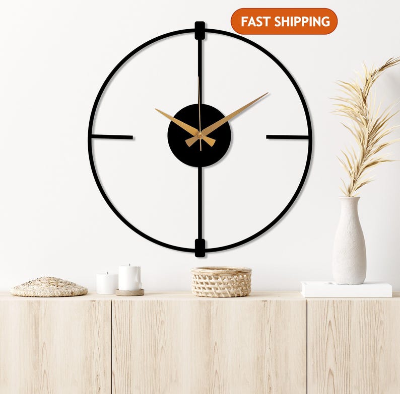 Black Minimalist Clock, Boho Wall Clock, Living room Metal Clock, Wall Clock Art, Design Wall Clock,Silent Modern Wall Clock,Home Decor Gift Black