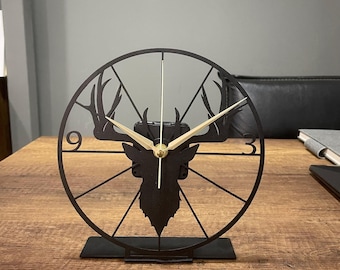 Tabletop Office Clock, Metal Deer Head Clock, Outdoor Lover Gift, Silent Office Clock, Home Office Clock,Deer Clock Decor, New Business Gift