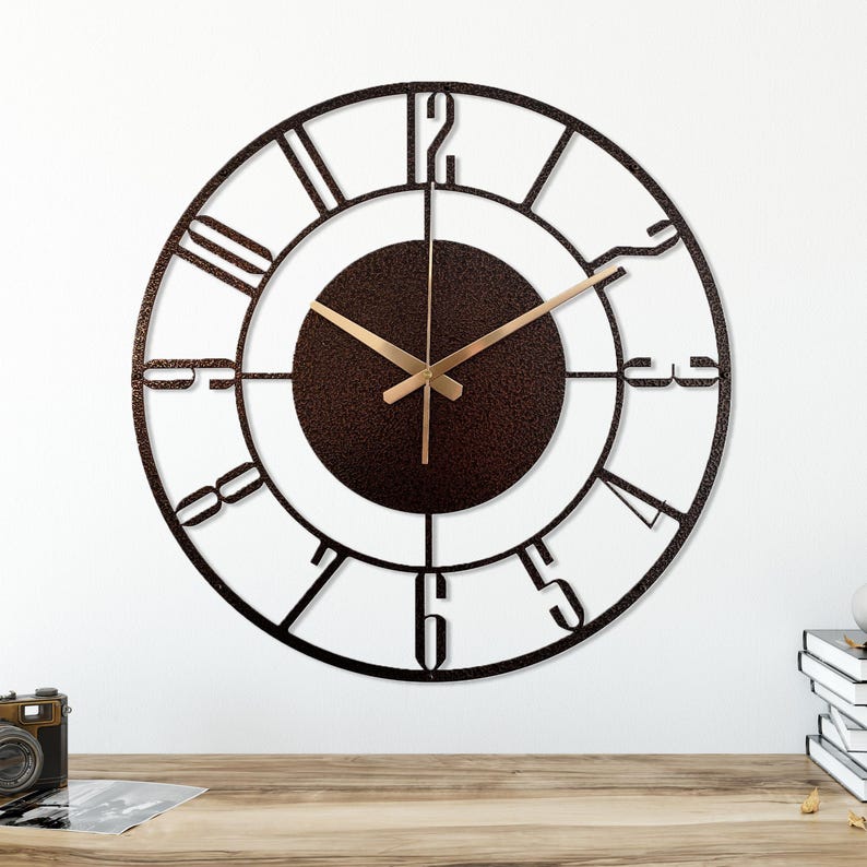 Hammered Bronze Wall Clock, Industrial Clock Gift, Large Mid Century Modern Metal Wall Clock, Unique Silent Wall Clock Gift,Brown Wall Clock image 2