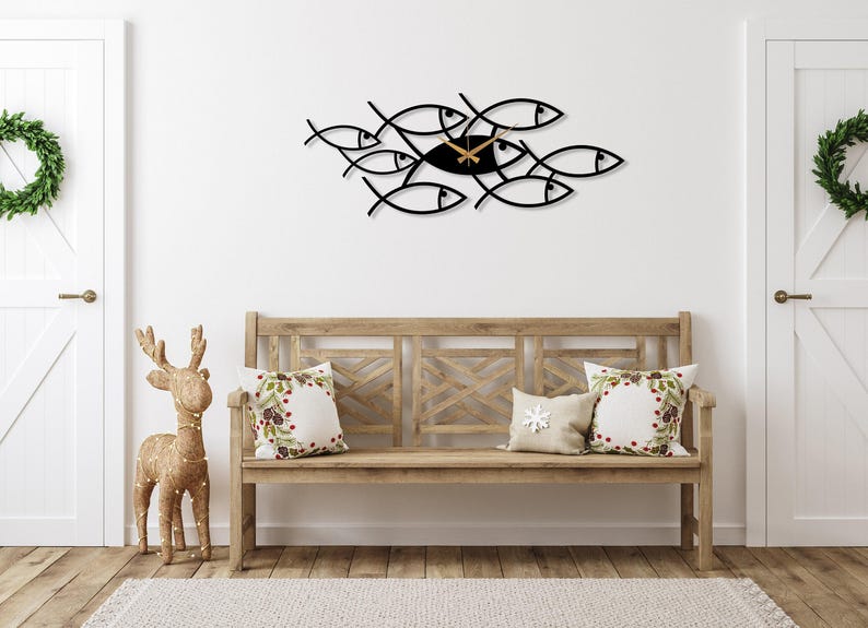 Black Fish Metal Clock, Art Wall Clock, Kitchen Wall Clock, Design Wall Clock, Minimalist Silent Clock, Horloge Murale,Clock for Living Room image 5