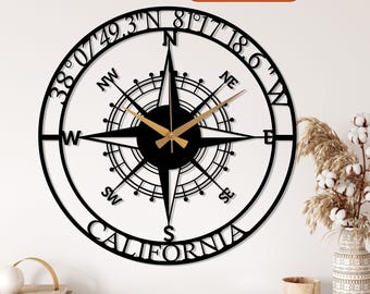 Personalized Compass Metal Wall Clock, Custom Coordinates Wall Clock, Custom Location Metal Wall Clock,Nautical Wall Clock,Modern Wall Clock