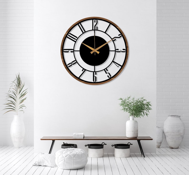 Mid Century Modern Wall Clock, Metal with Wooden Wall Clock, Oversize Silent Clock, Unique Home Clock, Farmhouse Wall Clock,Design Clock Art afbeelding 3