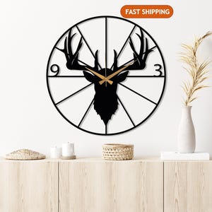 Metal Deer Wall Clock, Deer Head Wall Clock, Farmhouse Wall Clock, Mid-century Oversize Wall Clock, Outdoor Metal Wall Clock, Horloge Murale Black