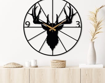 Metal Deer Wall Clock, Deer Head Wall Clock, Farmhouse Wall Clock, Mid-century Oversize Wall Clock, Outdoor Metal Wall Clock, Horloge Murale