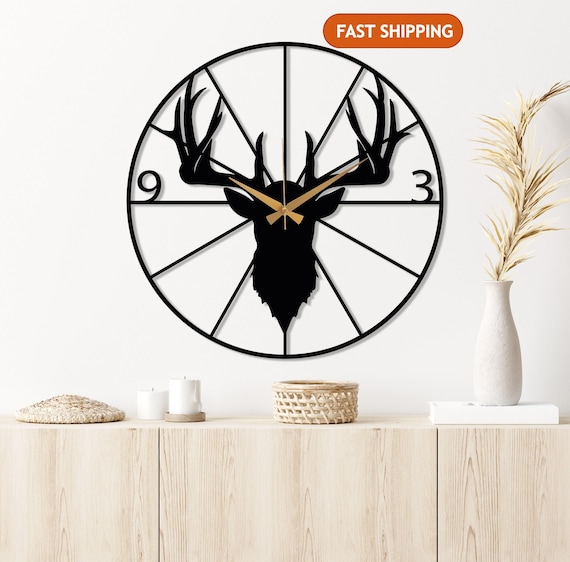 Metal Deer Wall Clock, Deer Head Wall Clock, Farmhouse Wall Clock, Mid-century Oversize Wall Clock, Outdoor Metal Wall Clock, Horloge Murale