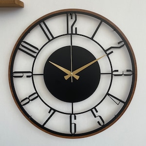 Mid Century Modern Wall Clock, Metal with Wooden Wall Clock, Oversize Silent Clock, Unique Home Clock, Farmhouse Wall Clock,Design Clock Art