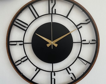 Mid Century Modern Wall Clock, Metal with Wooden Wall Clock, Oversize Silent Clock, Unique Home Clock, Farmhouse Wall Clock,Design Clock Art