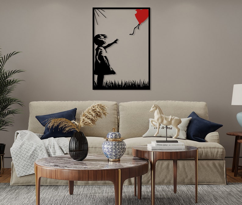 BANKSY Balloon Girl Metal Wall Art, Banksy Girl con globo, gran arte de graffiti Banksy, decoración moderna de la pared para la sala de estar, decoración del hogar imagen 3