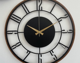 Mid Century Modern Wall Clock, Metal with Wooden Wall Clock, Oversize Silent Clock, Unique Home Clock, Farmhouse Wall Clock,Design Clock Art