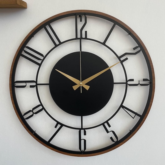 Mid Century Modern Wall Clock, Metal with Wooden Wall Clock, Oversize Silent Clock, Unique Home Clock, Farmhouse Wall Clock,Design Clock Art