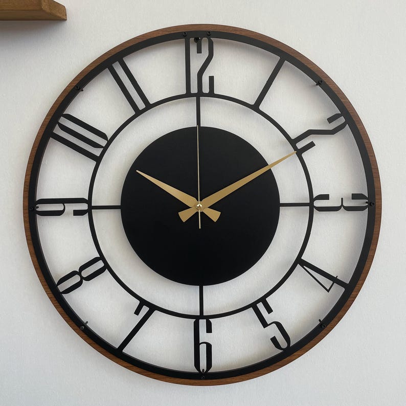 Mid Century Modern Wall Clock, Metal with Wooden Wall Clock, Oversize Silent Clock, Unique Home Clock, Farmhouse Wall Clock,Design Clock Art image 1