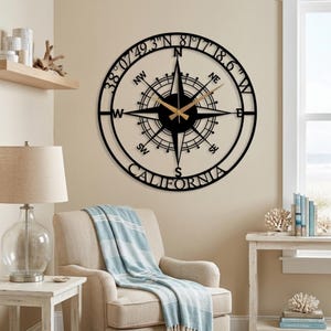 Personalized Compass Metal Wall Clock, Custom Coordinates Wall Clock, Custom Location Metal Wall Clock,Nautical Wall Clock,Modern Wall Clock