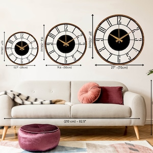 Moderne Mid-Century-Wanduhr, Metall mit Holzwanduhr, übergroße stille Uhr, einzigartige Wohnuhr, Bauernhaus-Wanduhr, Design-Uhr-Kunst Bild 8
