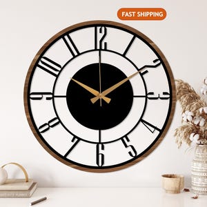Mid Century Modern Wall Clock, Metal with Wooden Wall Clock, Oversize Silent Clock, Unique Home Clock, Farmhouse Wall Clock,Design Clock Art image 2
