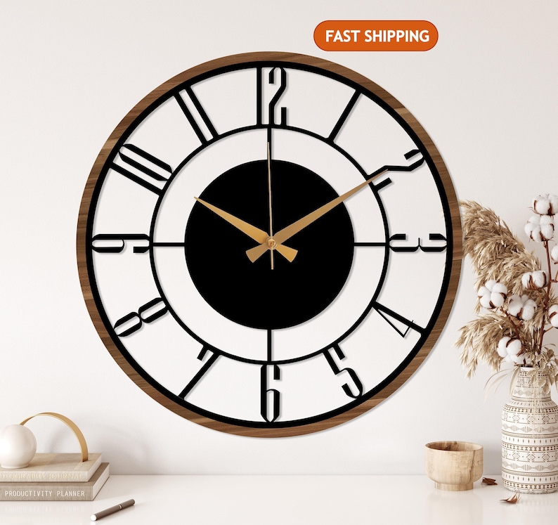 Mid Century Modern Wall Clock, Metal with Wooden Wall Clock, Oversize Silent Clock, Unique Home Clock, Farmhouse Wall Clock,Design Clock Art image 2