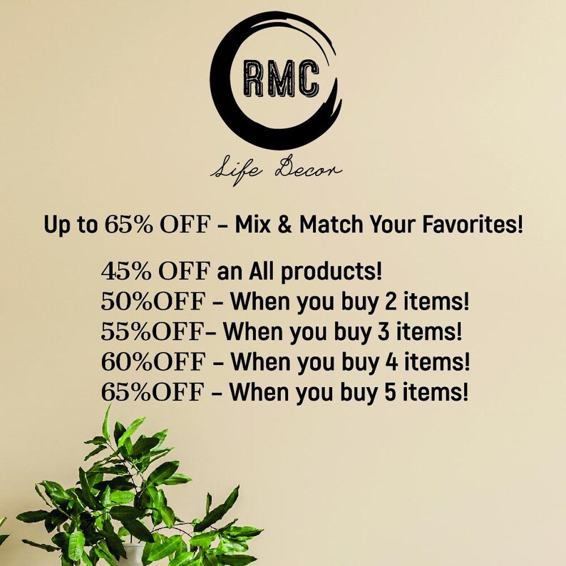 The image is a promotional advertisement for a store called "RC Life Decor", offering various discounts and deals on products. The text highlights the store's promotions, including up to 65% off on mixed and matching products, 50% off on items purchased in pairs, 55% off on items purchased in groups of three, 60% off on items purchased in sets of four, and 65% off on items purchased in sets of five.