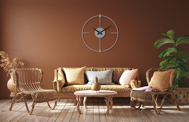 Black Minimalist Clock, Boho Wall Clock, Living room Metal Clock, Wall Clock Art, Design Wall Clock,Silent Modern Wall Clock,Home Decor Gift Silver
