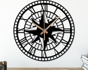 Nautische Kompass Metall Wanduhr mit römischen Ziffern, Geschenk Uhr, Maritime Uhr, Stille Kompass Uhr, Küsten Metall Wanduhr